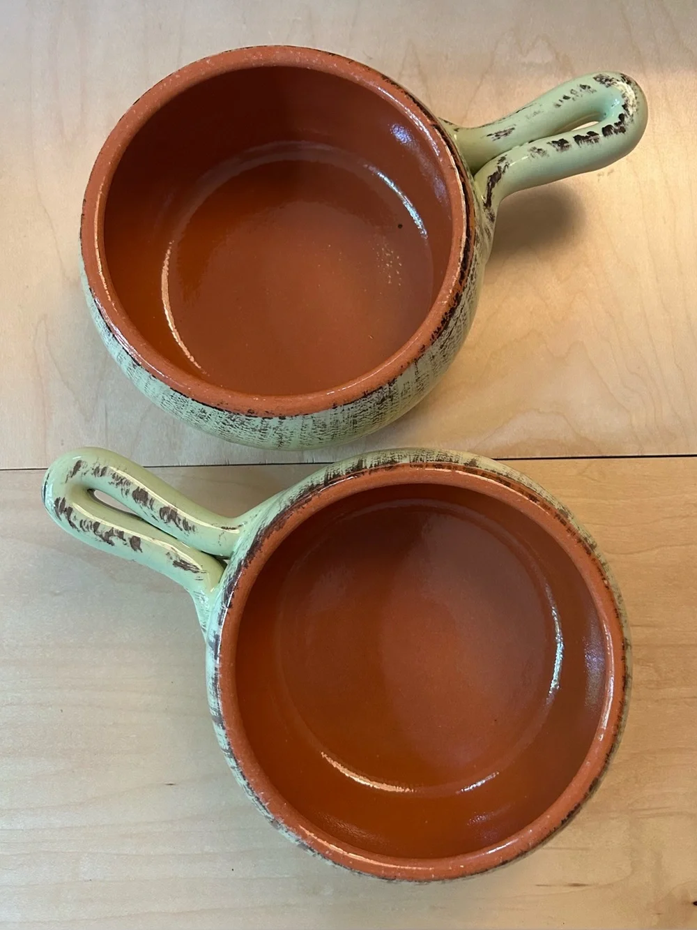 De Silva Italian Terracotta Celadon  Green Handled Soup Bowls - Pair